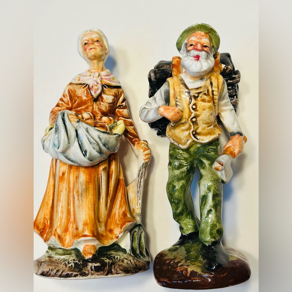 Kenmar Old Man And Lady Woodcutter Farmer Ceramic  Figurine Set Made In Japan